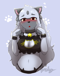 Size: 800x1000 | Tagged: suggestive, artist:fredory, absol, fictional species, mammal, anthro, nintendo, pokémon, 2021, bedroom eyes, belly button, black nose, blushing, boob window, bra, breasts, cat keyhole bra set, clothes, digital art, ears, eyelashes, female, fluff, fur, hair, horn, lingerie, looking at you, neck fluff, panties, simple background, solo, solo female, tail, thighs, underwear, wide hips