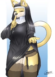 Size: 904x1280 | Tagged: suggestive, artist:nekomimi56, oc, oc only, canine, fox, mammal, anthro, 2019, black nose, bottomwear, breasts, clothes, digital art, ears, female, fur, legwear, looking at you, nun, one eye closed, panties, shush, simple background, skirt, skirt lift, solo, solo female, stockings, tail, thighs, underwear, vixen, wide hips