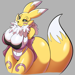 Size: 1973x1984 | Tagged: safe, artist:sonicsoranarutolink, fictional species, renamon, anthro, digimon, 2022, bedroom eyes, belly button, bikini, black nose, black sclera, breasts, clothes, colored sclera, digital art, ears, eyelashes, female, fluff, fur, huge breasts, looking at you, neck fluff, simple background, solo, solo female, swimsuit, tail, thighs, wide hips