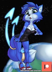 Size: 925x1280 | Tagged: safe, artist:siroc, krystal (star fox), canine, fox, mammal, anthro, digitigrade anthro, nintendo, star fox, 2020, bent over, black nose, breasts, clothes, digital art, dress, ears, eyelashes, female, fur, hair, high heels, jewelry, looking at you, open mouth, sharp teeth, shoes, solo, solo female, tail, teeth, thighs, tongue, tribal markings, vixen, wide hips