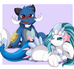 Size: 2569x2386 | Tagged: safe, artist:pridark, fictional species, primarina, samurott, anthro, nintendo, pokémon, 2018, blushing, breasts, clamshell bikini, commission, draw me like one of your french girls, duo, female, heart, heart eyes, high res, love heart, male, male/female, one eye closed, simple background, starter pokémon, wingding eyes, winking