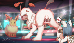 Size: 4280x2460 | Tagged: safe, artist:zinfyu, absol, canine, eevee, eeveelution, fictional species, mammal, wolf, feral, nintendo, pokémon, 2020, ambiguous gender, angry, bed, black nose, blushing, butt, claws, cross-popping veins, digital art, eyelashes, featureless crotch, female, fluff, fur, gigantamax, group, hair, heart, horn, looking back, lying down, lying on bed, male, neck fluff, on bed, open mouth, peeping, rear view, speech bubble, tail, tongue, trio, unamused