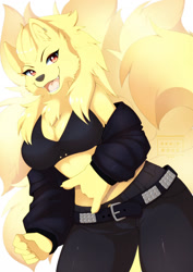 Size: 906x1280 | Tagged: safe, artist:skwidbone, fictional species, ninetales, anthro, nintendo, pokémon, 2022, belly button, black nose, bottomwear, breasts, clothes, commission, digital art, ears, eyelashes, female, fur, hair, jacket, looking at you, open mouth, pants, solo, solo female, tail, tank top, thighs, tongue, topwear, wide hips