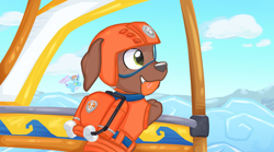 Size: 2250x1255 | Tagged: safe, artist:rainbow eevee, zuma (paw patrol), canine, dog, labrador, mammal, nickelodeon, paw patrol, 2022, brown body, brown fur, cloud, cute, digital art, fur, goggles, green eyes, headwear, helmet, male, ocean, puppy, sailing, solo, solo male, tongue, tongue out, water, young
