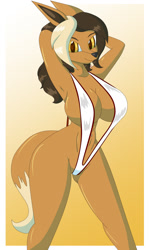 Size: 762x1280 | Tagged: suggestive, artist:collinscorpio, oc, oc only, oc:roxy newgate (collinscorpio), eevee, eeveelution, fictional species, mammal, anthro, nintendo, pokémon, 2022, armpits, arms behind head, belly button, big breasts, bikini, black nose, breasts, cameltoe, clothes, digital art, ears, eyelashes, female, fur, hair, simple background, sling bikini, solo, solo female, swimsuit, tail, thighs, wide hips