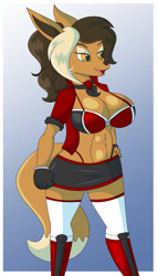 Size: 728x1280 | Tagged: safe, artist:collinscorpio, oc, oc only, oc:roxy newgate (collinscorpio), eevee, eeveelution, fictional species, mammal, anthro, nintendo, pokémon, 2021, bedroom eyes, belly button, big breasts, black nose, boots, bottomwear, bra, breasts, clothes, digital art, ears, eyelashes, female, fur, gloves, hair, jacket, legwear, open mouth, panties, sharp teeth, shoes, shorts, simple background, solo, solo female, stockings, tail, teeth, thighs, tongue, topwear, underwear, wide hips