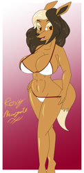 Size: 623x1280 | Tagged: suggestive, artist:collinscorpio, oc, oc only, oc:roxy newgate (collinscorpio), eevee, eeveelution, fictional species, mammal, anthro, nintendo, pokémon, 2021, abs, belly button, big breasts, bikini, black nose, breasts, cameltoe, clothes, digital art, ears, eyelashes, female, fur, hair, looking at you, muscles, open mouth, sharp teeth, simple background, solo, solo female, swimsuit, tail, teeth, thighs, tongue, wide hips