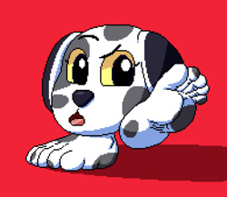 Size: 1280x1109 | Tagged: safe, artist:marblepan, canine, dalmatian, dog, fictional species, goomba (mario), mammal, monster, animal crossing, mario (series), nintendo, barefoot, female, goombafied, portia (animal crossing), soles, solo, solo female, toes