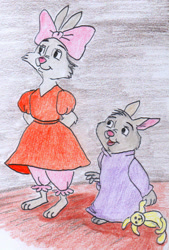 Size: 644x951 | Tagged: safe, artist:greydeer2010, sis bunny (robin hood), tagalong bunny (robin hood), lagomorph, mammal, rabbit, anthro, disney, robin hood (disney), bloomers, plushie, puffy sleeves, traditional art