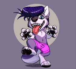 Size: 800x729 | Tagged: safe, canine, mammal, wolf, jojo's bizarre adventure, blue eyes, clothes, diamond is unbreakable, dog ears, ear piercing, earring, fur, josuke higashikata, open mouth, paw pads, paws, piercing, pompadour, sharp teeth, spiky hair, tail, teeth, tongue, tongue out, underwear