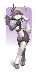 Size: 2073x4096 | Tagged: safe, artist:choecoga, bovid, caprine, goat, mammal, anthro, unguligrade anthro, clothes, collar, dress, floppy ears, gloves, hair, hair over one eye, hooves, legwear, lidded eyes, looking at you, maid, smiling, solo, stockings, toeless legwear, ungulate