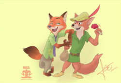 Size: 1251x862 | Tagged: safe, artist:sel-artworks, nick wilde (zootopia), robin hood (robin hood), canine, fox, mammal, anthro, disney, robin hood (disney), zootopia, duo, duo male, male, males only