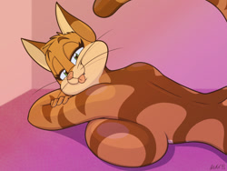 Size: 1280x960 | Tagged: suggestive, artist:vinfox, oc, oc only, oc:celine, oc:celine (vinfox), cat, feline, mammal, anthro, 2022, armpits, bedroom eyes, big breasts, blep, breasts, digital art, ears, eyelashes, female, fur, hair, looking at you, lying down, nudity, pink nose, rear view, sharp teeth, sideboob, solo, solo female, tail, teeth, tongue, tongue out, whiskers