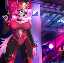 Size: 3204x3154 | Tagged: suggestive, artist:cali luminos, mangle (fnaf), roxanne wolf (fnaf), slenderman (slenderman), animal humanoid, animatronic, canine, fictional species, mammal, monster, robot, wolf, anthro, humanoid, five nights at freddy's, five nights at freddy's: security breach, slenderman (series), 2d, animals, belly button, big breasts, breasts, building, city, cleavage, clothes, collar, cosplay, costume, disguise, ear piercing, female, food, freckles, full moon, fur, gun, hair, hair accessory, hairstyle, handgun, headphones, headset, headwear, holding, holding object, holiday, humor, indoors, lipstick, long hair, makeup, moon, new year, night, no trigger discipline, outfit, piercing, pizza, rifle, sci-fi, shotgun, signature, sky, skyscraper, stars, suggestive source, suit, tail, teenager, tentacles, town, uniform, village, weapon