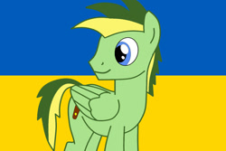 Size: 1280x854 | Tagged: safe, artist:didgereethebrony, oc, oc only, oc:didgeree, equine, fictional species, mammal, pegasus, pony, feral, hasbro, my little pony, blue eyes, ears, flag, fur, green body, green fur, male, solo, solo male, tail, ukraine