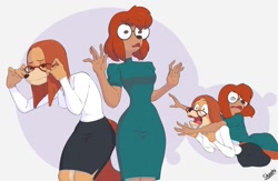 Size: 1340x874 | Tagged: safe, artist:skecchiart, suki lane (sing), canine, dog, mammal, saluki, anthro, illumination entertainment, sing (film), 2022, an extremely goofy movie, bedroom eyes, big butt, breasts, butt, duo, female, glasses, hair, open mouth, red hair, round glasses, sylvia marpole (an extremely goofy movie), thick thighs, thighs, wide hips