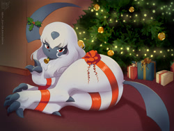 Size: 3524x2664 | Tagged: suggestive, artist:eryz-defin, absol, fictional species, mammal, feral, nintendo, pokémon, bedroom eyes, bell, big butt, bow, butt, christmas, claws, fur, holiday, holly, huge butt, lights, looking at you, presents, ribbon, solo, tail, wrapped up