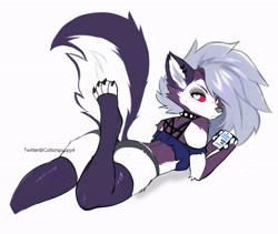 Size: 2964x2502 | Tagged: safe, artist:cottonpuppy4, loona (vivzmind), canine, fictional species, hellhound, mammal, anthro, digitigrade anthro, hazbin hotel, helluva boss, 2022, breasts, butt, cell phone, clothes, ears, female, hair, long hair, looking at you, looking back, looking back at you, phone, silver hair, smartphone, solo, solo female, tail, thighs