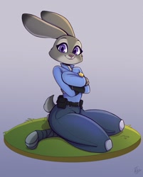 Size: 1031x1280 | Tagged: safe, artist:igazella, judy hopps (zootopia), lagomorph, mammal, rabbit, anthro, digitigrade anthro, disney, zootopia, 2019, arm under breasts, bedroom eyes, breasts, clothes, digital art, ears, eyelashes, female, kneeling, looking at you, police uniform, solo, solo female, thighs, wide hips