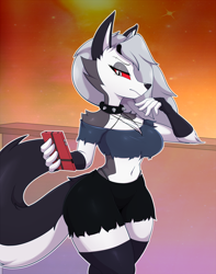 Size: 1008x1280 | Tagged: safe, artist:bigdon1992, loona (vivzmind), canine, fictional species, hellhound, mammal, anthro, hazbin hotel, helluva boss, 2022, big breasts, breasts, cell phone, ears, female, gray hair, hair, long hair, phone, smartphone, solo, solo female, tail, thick thighs, thighs