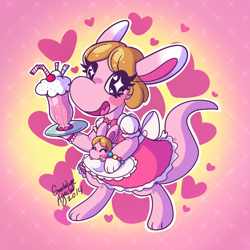 Size: 750x750 | Tagged: safe, artist:dolcisprinkles, marcie (animal crossing), kangaroo, mammal, marsupial, anthro, animal crossing, nintendo, 2d, blushing, cute, daughter, double outline, drinking straw, duo, duo female, eyes closed, female, females only, heart, heart eyes, macropod, milkshake, moe, mother, mother and daughter, open mouth, open smile, platter, smiling, sparkly eyes, tail, waitress, wingding eyes
