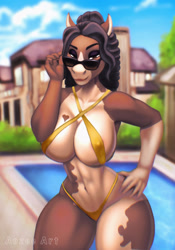 Size: 896x1280 | Tagged: suggestive, artist:aozee, oc, oc only, equine, horse, mammal, anthro, 2022, bedroom eyes, big breasts, bikini, breasts, clothes, commission, digital art, ears, eyelashes, female, fur, glasses, hair, hand on hip, looking at you, micro bikini, nipple outline, nipple slip, solo, solo female, sunglasses, swimming pool, swimsuit, tail, thighs, wardrobe malfunction, wide hips