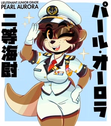 Size: 2800x3200 | Tagged: safe, artist:wirelessshiba, oc, oc only, oc:pearl aurora (wirelessshibe), mammal, mustelid, otter, anthro, 2022, breasts, clothes, english text, female, gloves, hat, headwear, japanese text, looking at you, navy, one eye closed, open mouth, open smile, smiling, solo, solo female, sparkles, statue, text, uniform