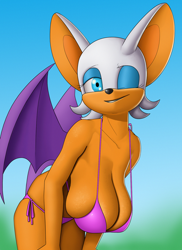 Size: 1164x1600 | Tagged: suggestive, artist:creatiffy, rouge the bat (sonic), bat, mammal, anthro, sega, sonic the hedgehog (series), 2022, bat wings, bedroom eyes, bent over, bikini, black nose, breasts, clothes, digital art, ears, eyelashes, female, fur, hanging breasts, huge breasts, mask, one eye closed, solo, solo female, swimsuit, tail, thighs, webbed wings, wings