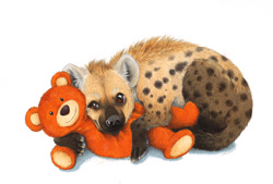 Size: 800x540 | Tagged: safe, artist:anatoliba, hyena, mammal, feral, lifelike feral, 2021, ambiguous gender, cute, description in the comments, nom, non-sapient, realistic, simple background, solo, solo ambiguous, teddy bear, white background