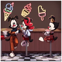 Size: 1800x1800 | Tagged: safe, artist:hammerspaced, dot warner (animaniacs), wakko warner (animaniacs), yakko warner (animaniacs), animaniac (species), fictional species, mammal, anthro, plantigrade anthro, animaniacs, warner brothers, brother, brother and sister, brothers, female, food, group, ice cream, ice cream cone, male, milkshake, popsicle, siblings, sister, trio