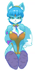 Size: 807x1626 | Tagged: suggestive, artist:oughta, krystal (star fox), canine, fox, mammal, anthro, nintendo, star fox, accessory, bare shoulders, bedroom eyes, big breasts, bipedal, black nose, blue body, blue fur, blue hair, body markings, breasts, clothes, dipstick tail, eyebrows, eyelashes, female, fur, furgonomics, gloves, green eyes, hair, hair accessory, hairband, half closed eyes, handwear, jewelry, legwear, multicolored tail, narrowed eyes, necklace, necktie, seductive, short hair, simple background, sitting, smiling, solo, solo female, tail, tail accessory, tail band, tail markings, video game, white background, wide hips