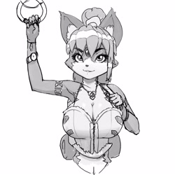 Size: 3000x3000 | Tagged: safe, artist:oughta, krystal (star fox), canine, fox, mammal, anthro, nintendo, star fox, 1:1, bare shoulders, big breasts, black nose, body markings, breasts, cleavage, clothes, female, fingerless gloves, fur, gloves, grayscale, hair, hair accessory, high res, jewelry, looking at you, monochrome, necklace, short hair, simple background, smiling, solo, solo female, video game, white background, white body, white fur