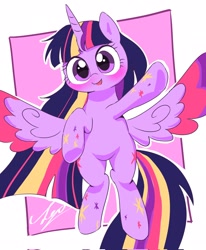 Size: 1686x2048 | Tagged: safe, artist:leo19969525, twilight sparkle (mlp), alicorn, equine, fictional species, mammal, pony, semi-anthro, friendship is magic, hasbro, my little pony, 2022, colored wingtips, cute, ears, eyelashes, feathered wings, feathers, female, hair, horn, mare, multicolored hair, multicolored tail, purple body, solo, solo female, spread wings, tail, wide eyes, wings