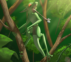 Size: 3000x2600 | Tagged: safe, artist:destrustor, oc, oc only, fictional species, yinglet, the out-of-placers, forest, male, orange eyes, outdoors, plant, scenery, solo, solo male, tongue, tree