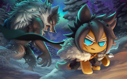 Size: 1440x900 | Tagged: safe, artist:tsaoshin, werewolf cookie (cookie run), animate food, animate object, canine, cookie (cookie run), fictional species, mammal, werewolf, anthro, humanoid, cookie run, 2021, blue eyes, cookie, duo, food, gingerbread cookie, male, scar on face, sharp teeth, teeth