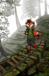 Size: 2698x4200 | Tagged: safe, artist:kidaoriginal, oc, oc:poppy (lavallett1), canine, fox, mammal, wolf, anthro, barefoot, bottomwear, brown hair, clothes, commission, compass, cute, ears, female, fog, forest, fur, hair, hiking, hoodie, mist, mountain, outdoors, pants, paws, plant, red body, red fur, solo, solo female, topwear, tree, ych, ych result