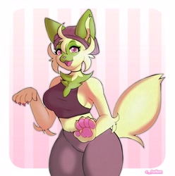 Size: 3948x3976 | Tagged: safe, artist:twilem, cat, feline, fictional species, mammal, sprigatito, anthro, digitigrade anthro, nintendo, pokémon, spoiler:pokémon gen 9, spoiler:pokémon scarlet and violet, 2022, beanie, breasts, cheek fluff, clothes, digital art, ears, eyelashes, female, fluff, fur, looking at you, neck fluff, open mouth, paw pads, paws, pink nose, simple background, solo, solo female, sports bra, sports pants, starter pokémon, tail, thighs, tongue, topwear, wide hips