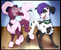 Size: 1045x868 | Tagged: safe, artist:lulu, oc, oc only, oc:leota (smilingscorpio), oc:ruby the poodle (lulu), canine, dalmatian, dog, mammal, poodle, feral, 2d, duo, duo female, female, females only