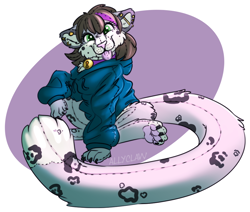 Size: 1000x848 | Tagged: safe, artist:allyclaw, big cat, feline, living plushie, mammal, snow leopard, feral, bell, brown hair, clothes, collar, cute, ear piercing, ears, female, fur, gray body, gray fur, green eyes, hair, happy, hoodie, industrial piercing, looking at you, oversized clothes, paw pads, paws, piercing, plushie, solo, solo female, spotted fur, tail, tongue, tongue out, topwear