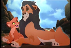 Size: 1280x863 | Tagged: safe, artist:lulu, scar (the lion king), oc, oc:zami the lion (lulu), big cat, feline, lion, mammal, feral, disney, the lion king, 2d, cub, duo, eye scar, female, letterboxing, male, scar, young