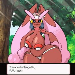 Size: 1000x1000 | Tagged: suggestive, alternate version, artist:itsover21, dawn (pokémon), fictional species, lopunny, mammal, shiny pokémon, anthro, nintendo, pokémon, 2021, animated, bikini, bikini bottom, black sclera, bouncing breasts, breasts, clothes, colored sclera, dialogue, digital art, eyelashes, female, gif, hair, huge breasts, looking at you, nudity, open mouth, partial nudity, pasties, pink nose, pokémon trainer, shaking, solo, solo female, swimsuit, talking, text, thick thighs, thighs, topless, wide hips