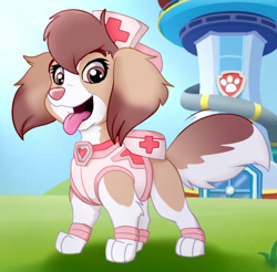 Size: 1280x1262 | Tagged: safe, artist:lulu, oc, oc only, oc:sassy the kooiker (lulu), canine, dog, mammal, spaniel, feral, nickelodeon, paw patrol, 2d, brown eyes, cute, female, front view, kooikerhondje, looking at you, puppy, solo, solo female, three-quarter view, young