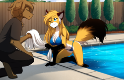 Size: 1979x1280 | Tagged: safe, artist:twokinds, evals (twokinds), mike (twokinds), fictional species, keidran, mammal, anthro, twokinds, bikini, clothes, female, male, rule 63, swimming pool, swimsuit, towel