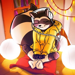 Size: 1280x1280 | Tagged: safe, artist:combobomb, chillhop raccoon, mammal, procyonid, raccoon, anthro, chillhop, 2020, bookshelf, breasts, clothes, eyes closed, female, headphones, headwear, hoodie, lights, room, sitting, socks, solo, solo female, topwear