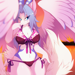 Size: 1155x1155 | Tagged: safe, artist:skwidbone, oc, oc only, dragon, fictional species, furred dragon, anthro, 2020, bedroom eyes, belly button, big breasts, bikini, blue eyes, blue hair, breasts, cleavage, clothes, commission, digital art, dragoness, eyelashes, feathered wings, feathers, female, fur, hair, horns, looking at you, pose, solo, solo female, spread wings, swimsuit, tail, thighs, underwear, white body, white fur, white tail, wide hips, wings