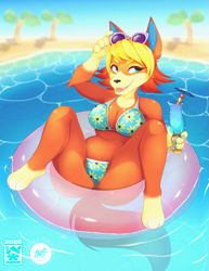Size: 893x1155 | Tagged: suggestive, artist:skwidbone, audie (animal crossing), canine, mammal, wolf, anthro, digitigrade anthro, animal crossing, animal crossing: new horizons, nintendo, 2020, beach, belly button, bikini, black nose, breasts, butt, clothes, digital art, drink, eyelashes, female, floating, fur, glasses, glasses on head, hair, open mouth, pose, solo, solo female, sunglasses, sunglasses on head, swimsuit, tail, thighs, underass, wide hips