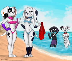Size: 2700x2300 | Tagged: suggestive, artist:diacordst, da vinci (101 dalmatian street), dante (101 dalmatians), dolly (101 dalmatians), dylan (101 dalmatians), canine, dalmatian, dog, mammal, anthro, digitigrade anthro, 101 dalmatian street, 101 dalmatians, disney, 2022, bandanna, beach, bedroom eyes, bikini, black nose, blue bikini, blue swimsuit, blushing, bottomwear, breasts, brother, brother and sister, clothes, collar, covering crotch, digital art, ears, embarrassed, embarrassed nude exposure, eyelashes, female, fur, hand on hip, high res, male, male/male, nudity, ocean, ok sign, older, pecs, pink bikini, pink swimsuit, sand, shorts, siblings, sister, smug, spotted body, spotted fur, swimsuit, swimsuit theft, tail, thighs, water, wide hips