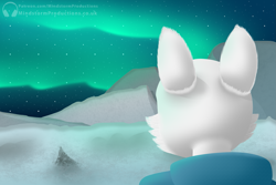 Size: 1875x1250 | Tagged: safe, artist:mindstorm-production, oc, oc only, oc:eira, canine, mammal, wolf, anthro, clothes, commission, ears, female, fur, ice, jacket, landscape, northern lights, outdoors, rear view, snow, solo, solo female, topwear, tundra, watermark, white body, white fur