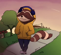 Size: 1280x1170 | Tagged: safe, artist:s-o husky, chillhop raccoon, mammal, procyonid, raccoon, anthro, chillhop, 2019, ambiguous gender, bottomwear, brown body, brown fur, clothes, eyes closed, fur, hands in pockets, headphones, headwear, hoodie, neighborhood, outdoors, pants, plant, shoes, sidewalk, solo, solo ambiguous, tail, topwear, tree, walking