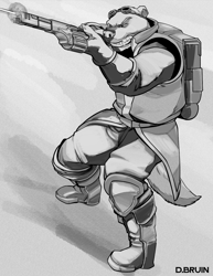 Size: 1000x1294 | Tagged: safe, artist:dbruin, bear, mammal, polar bear, anthro, plantigrade anthro, backpack, boots, clothes, goggles, goggles on head, gritted teeth, gun, male, monochrome, rifle, shoes, shooting, solo, solo male, teeth, weapon